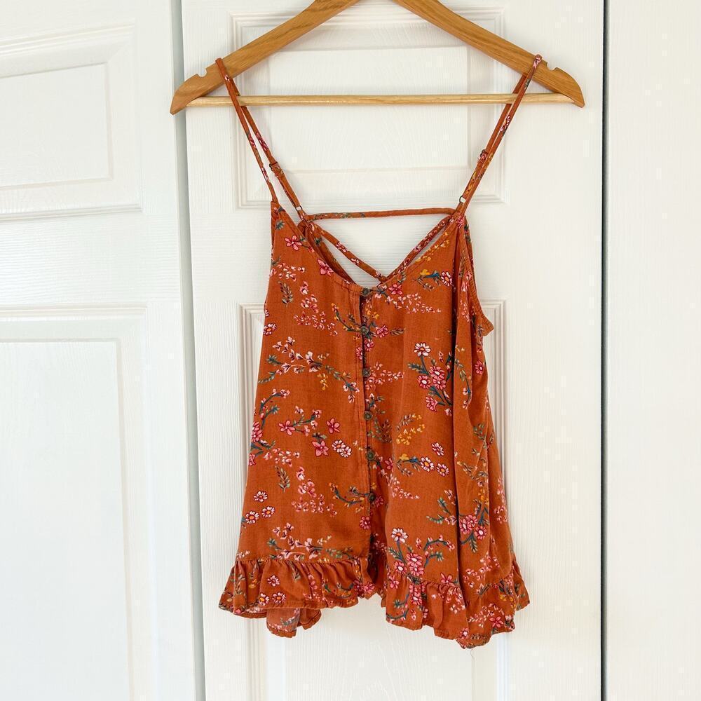 American Eagle Floral Ruffle Hem Romper Rust Orange Spaghetti Strap Size M